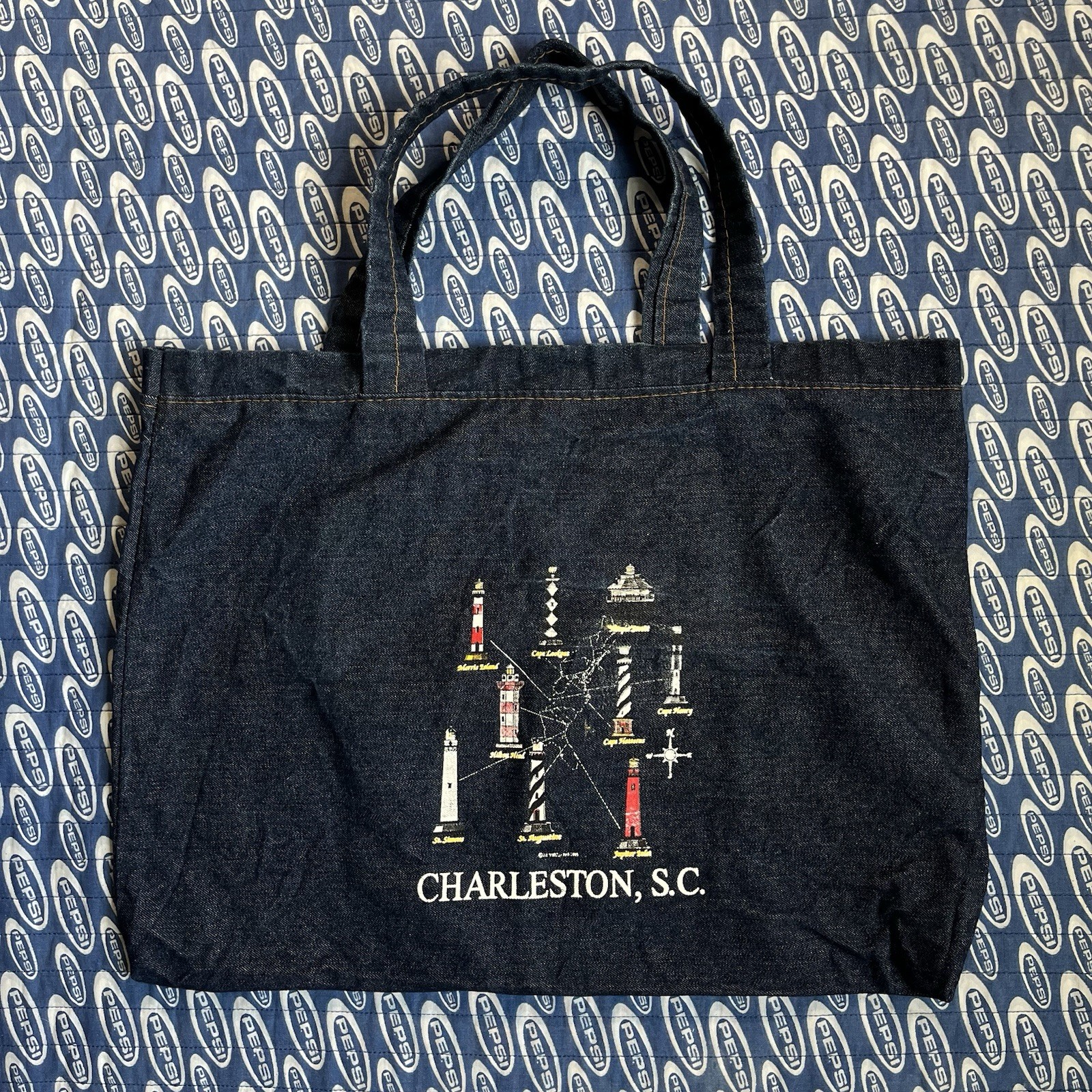 Vintage 90s Dark Navy Canvas Denim Cotton Tote Bag Charleston South Carolina