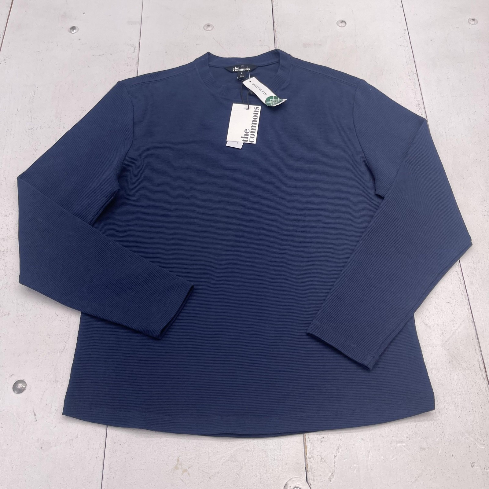 The Commons Shirt Mens Large Blue Long Sleeve Rib Knit Crewneck Stretch Tee gallery