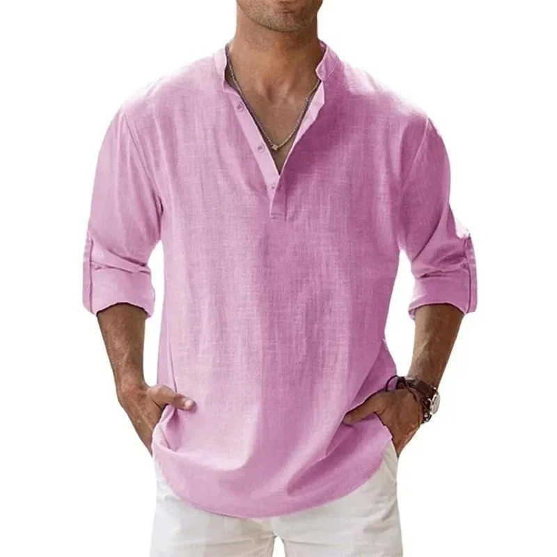 Men's Cotton Linen Henley Long Sleeve Shirt Casual Beach T-shirt Tee Summer Gift gallery