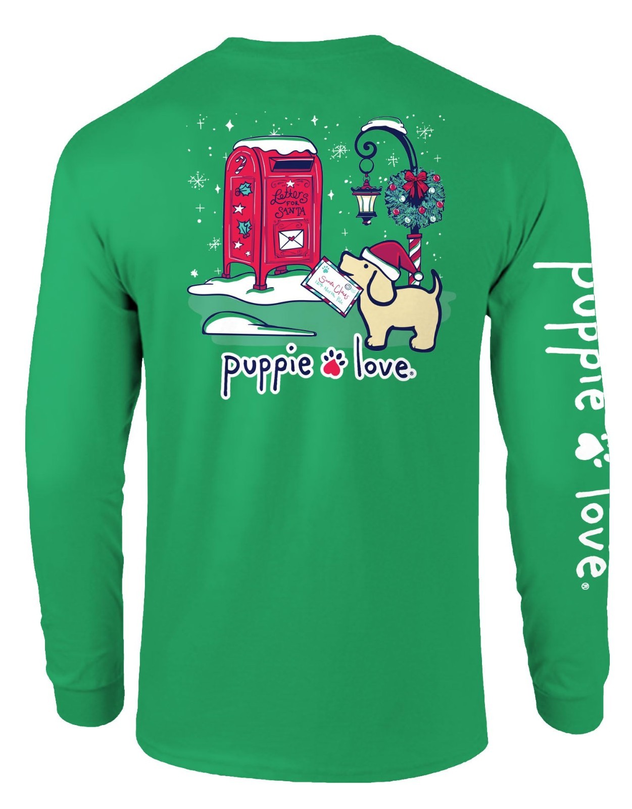 Puppie Love Christmas Long Sleeve T-Shirt, Green Cotton, Santa Mailbox Design