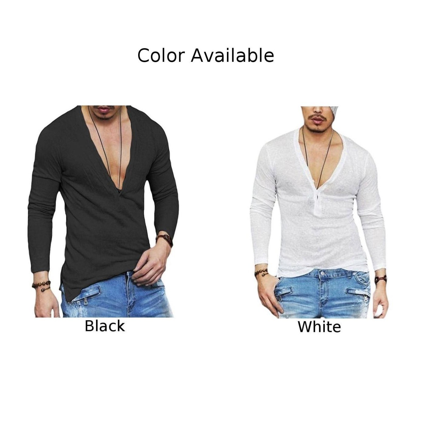 Mens Solid Long Sleeve T shirt with Deep V Neck and Button Front Blouse gallery