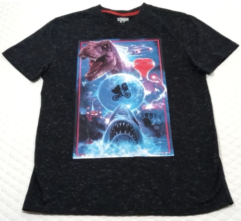 Universal Studios Men’s Medium T-Shirt E.T. Jaws Jurassic Park Black Overdye
