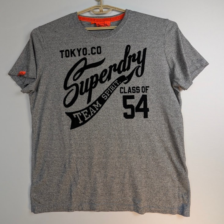 Superdry T-Shirt Men 3X (FITS L) Gray Black Orange Flock Print Tokyo Team Spirit