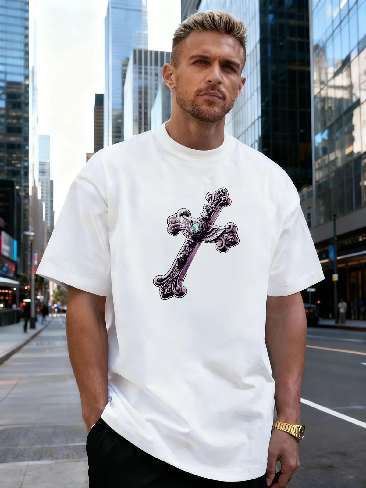 Winged Cross Graphic 100% Cotton Men’s T-Shirt Suitable for Daily Streetwear