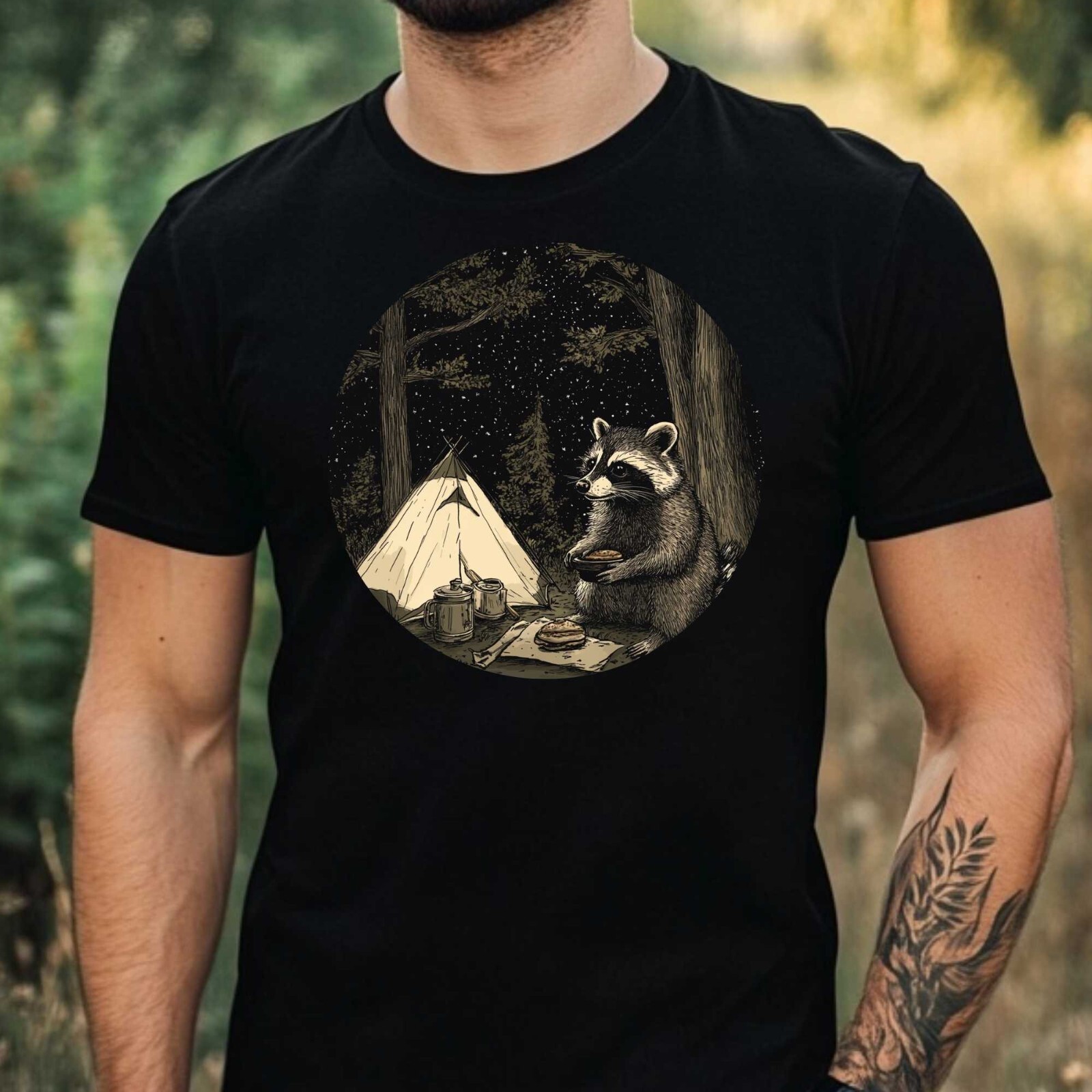 Mens Camping Raccoon Print Cotton T-Shirt Size XS to 5XL gallery