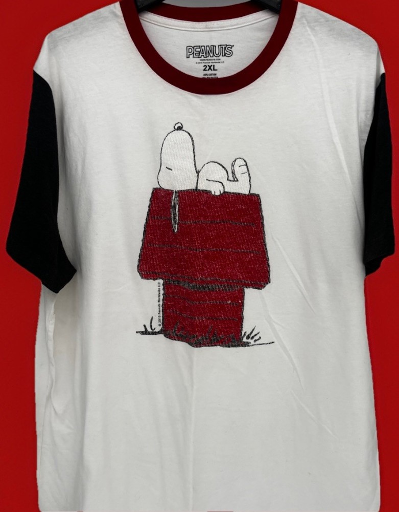 Peanuts Snoopy Men’s 2XL White/Black/Red Ringer Graphic Crew Neck T-Shirt Jersey