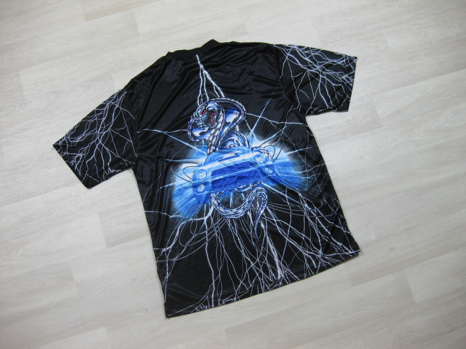 Vintage Y2K No Boundaries AOP Sheer Satin T Shirt Men's (L) Car Cobra Lightening gallery