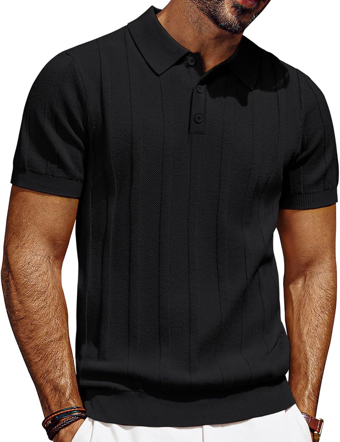 Mens Short Sleeve Polo Shirt Textured Knit Ribbed Casual Golf Style Soft Comfort gallery