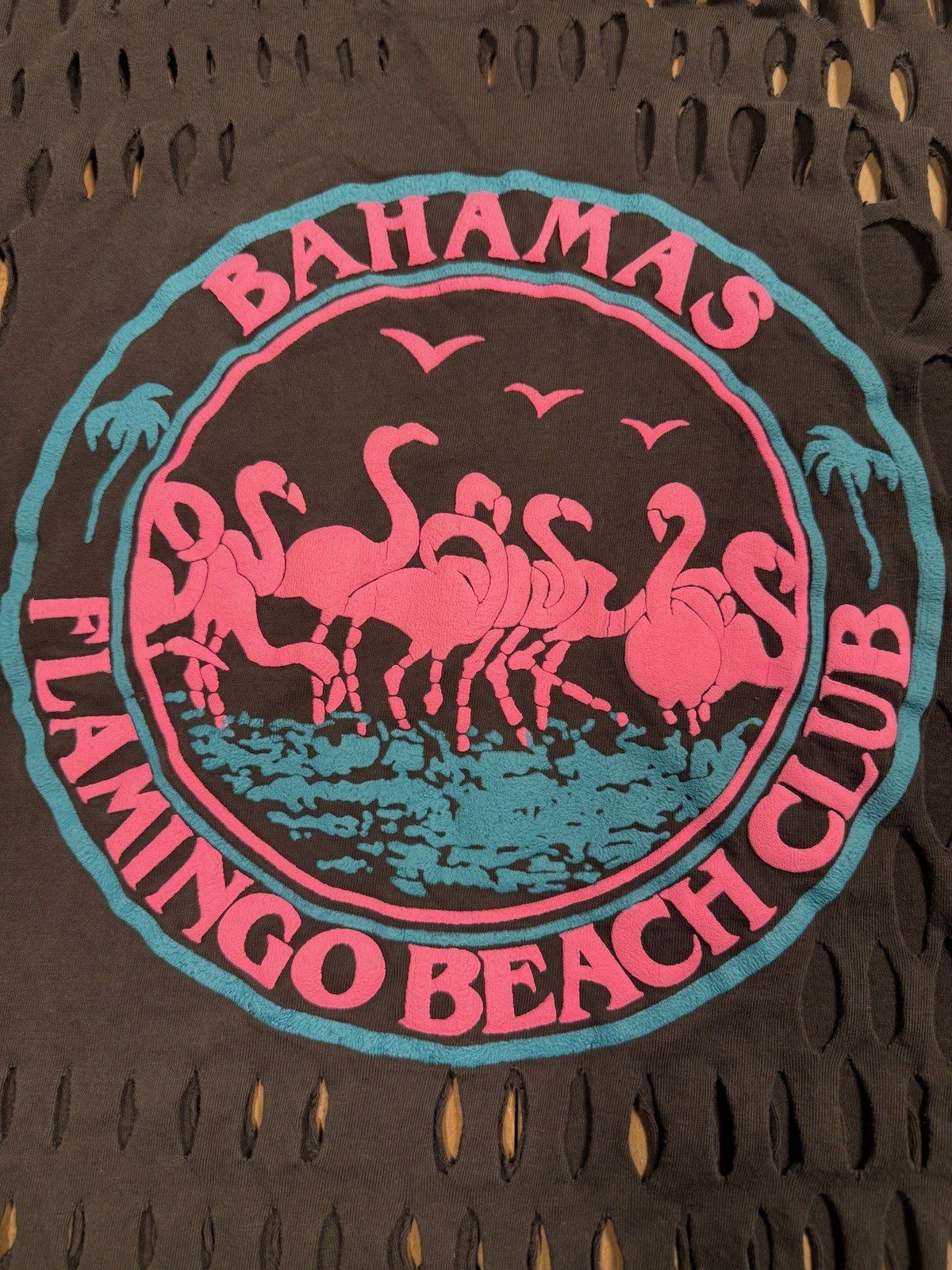 90s Dorsett Tees Flamingo Beach Club Graphic Beaded Distressed TShirt XXXL Black gallery