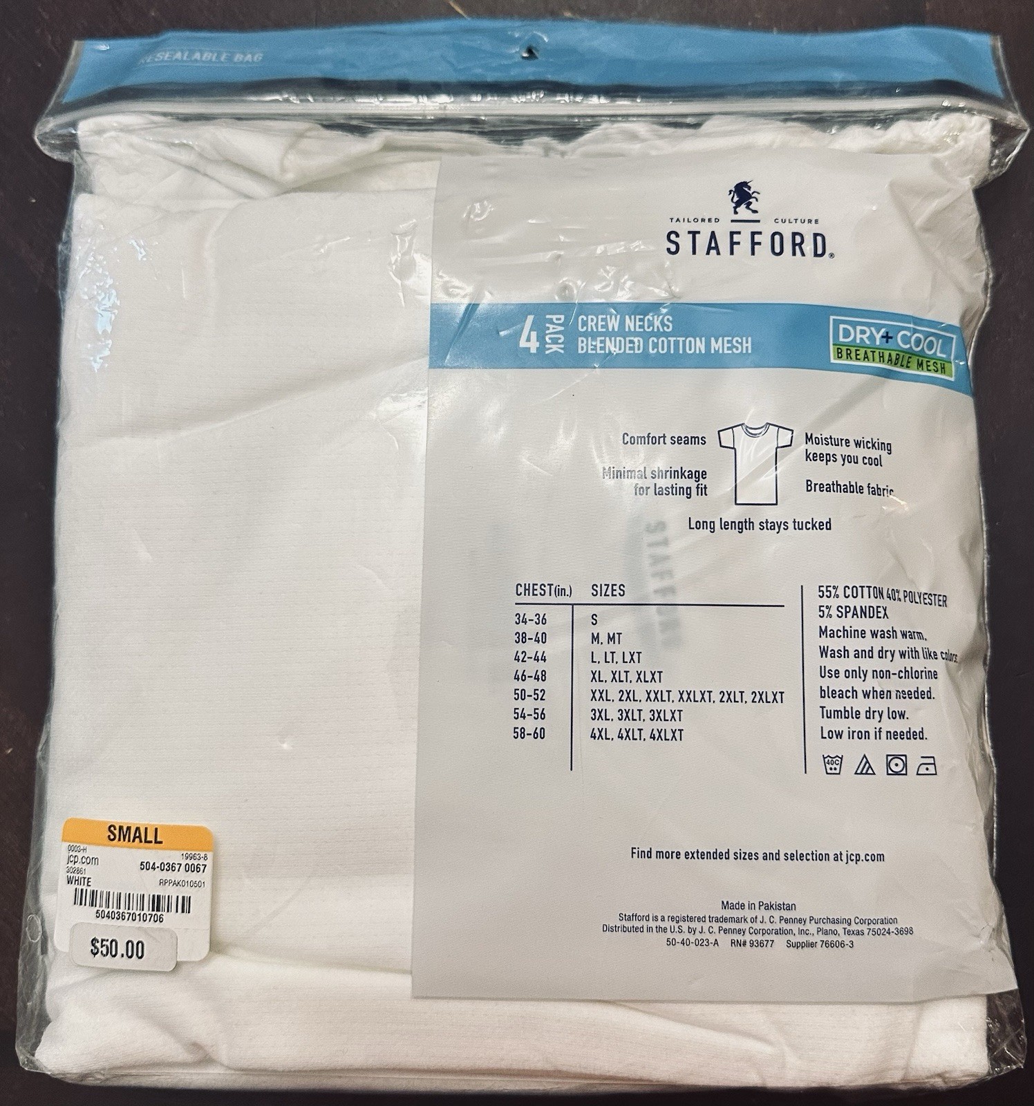 Stafford Dry Cool Breathable Mesh White Crew Neck Blended Cotton 4 Pack - NEW Sm gallery