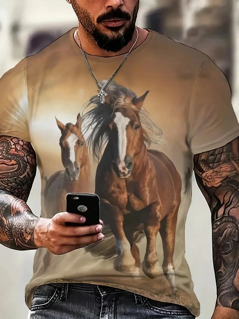 Mens 3D Horse Graphic T-Shirt Short Sleeve Animal Print Streetwear Tee gallery