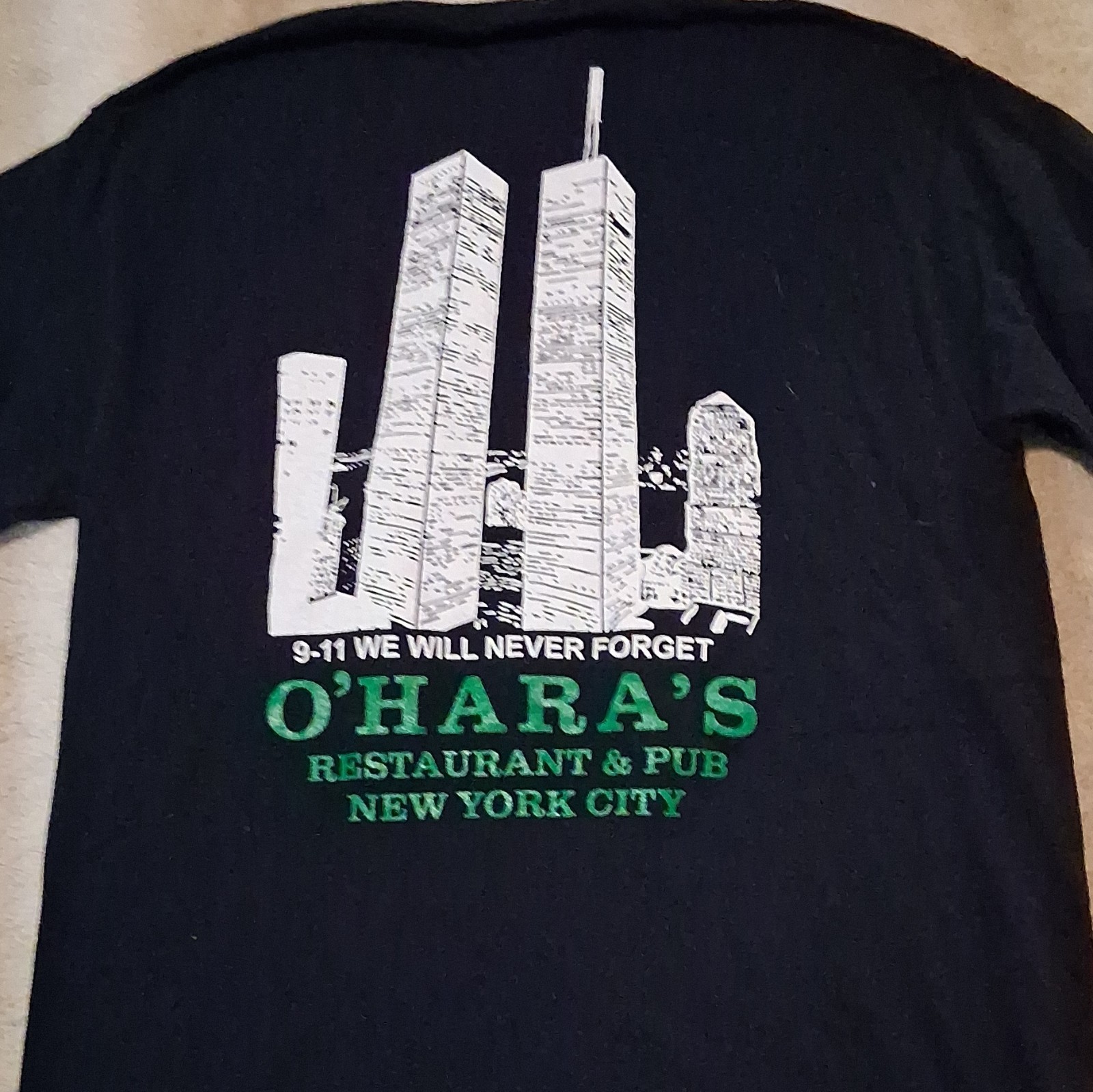 O'Hara's NYC 9/11 Double-Sided Graphic Logo Tee M Black Crew Neck Mens gallery