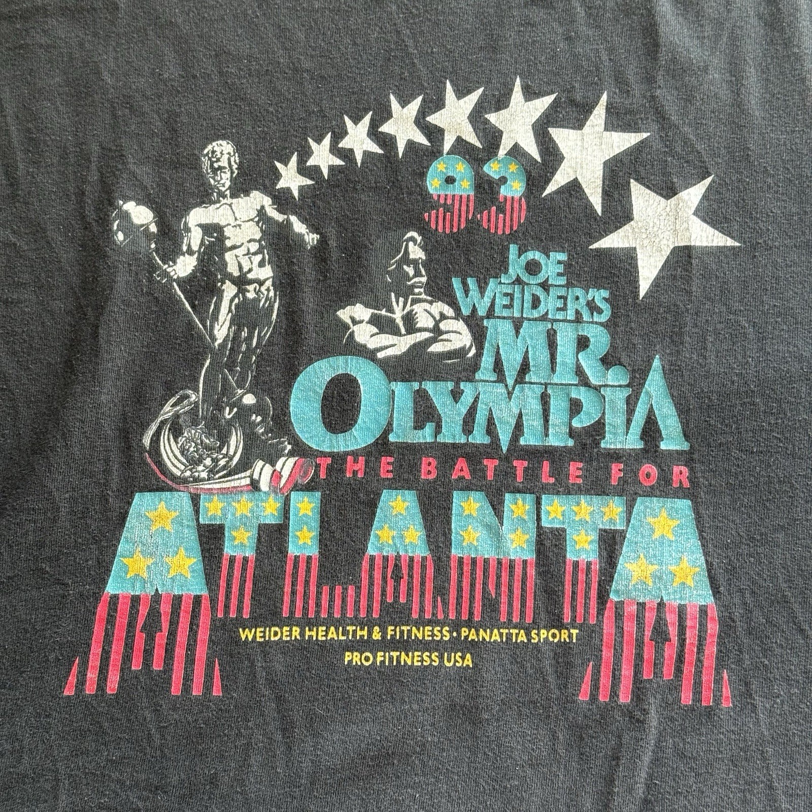 Vintage 93 Joe Weider’s Mr Olympia T-shirt Bodybuilding Faded Black SEE MEASURE gallery