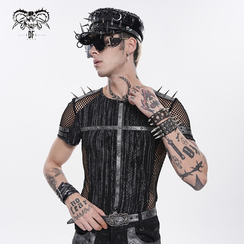 Devil Fashion Men Black Gothic Punk Spiked Mesh Splice T-Shirt Short Sleeve Tee gallery