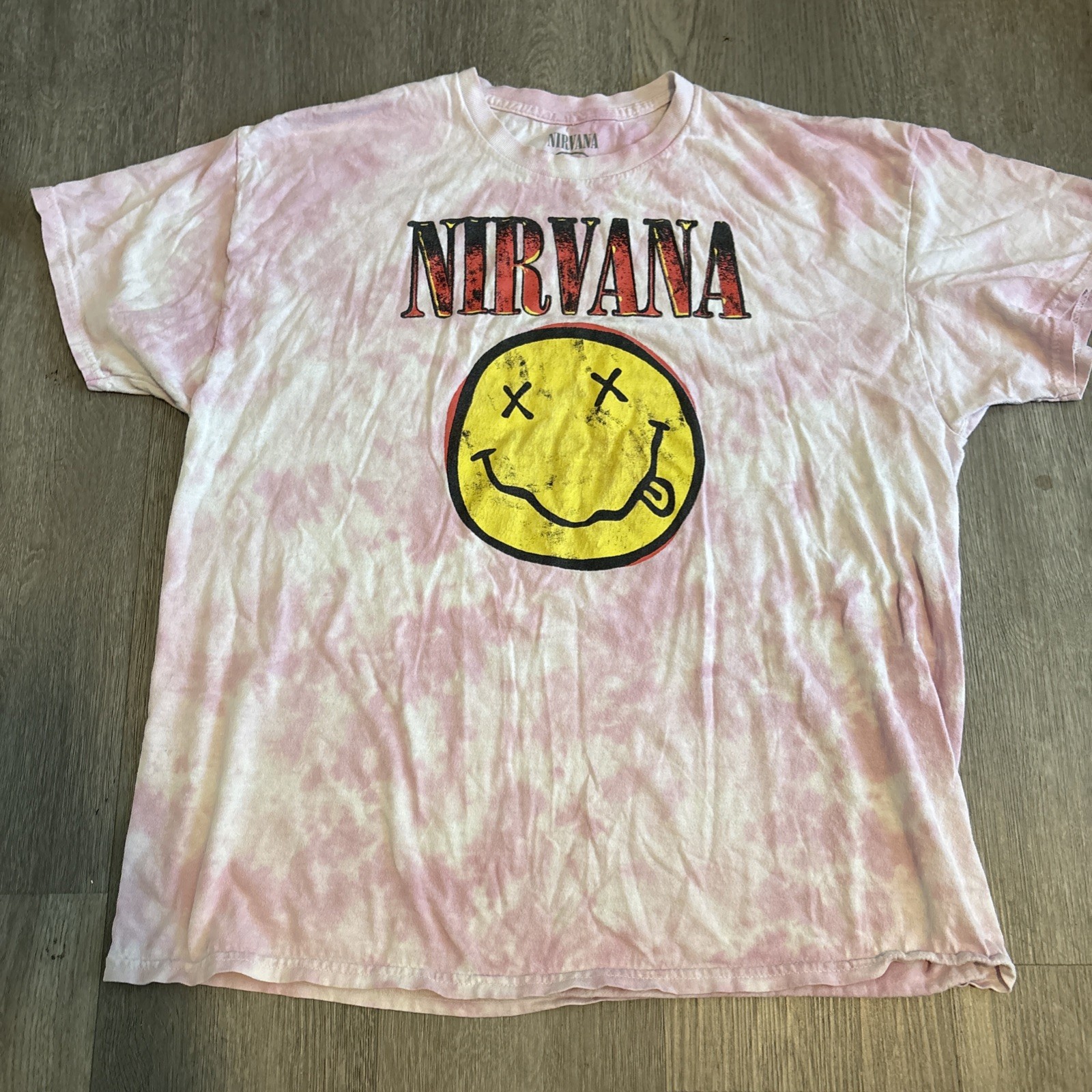 Nirvana Happy Face Graphic T-shirt Unisex XL Pink Tie Dye Distressed gallery