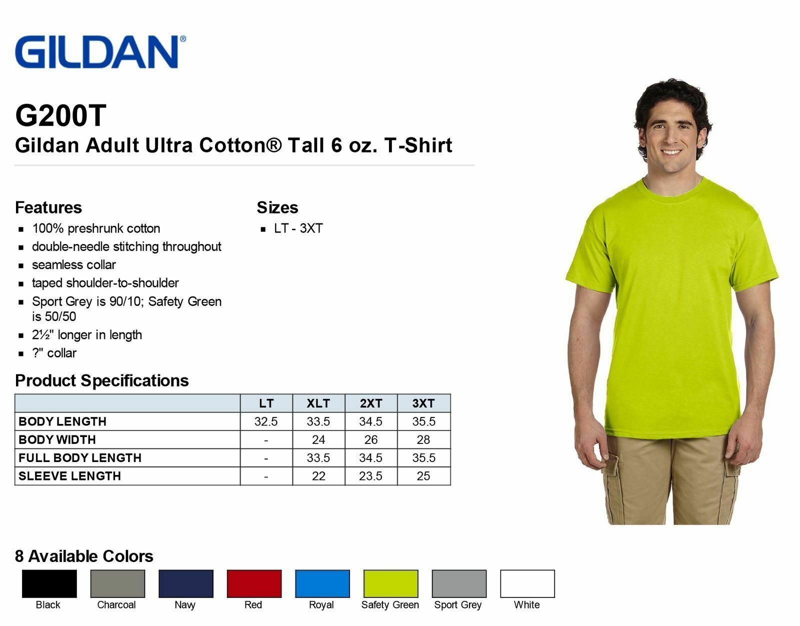 Gildan Men's New TALL TEE 100% Cotton Short Sleeve T-Shirt XLT 2XLT 3XLT G200T gallery