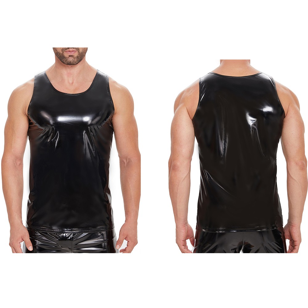 Men's New Fitness Club Vest Top Glossy Pvc Leather Sexy Muscle Men's Vest Top gallery