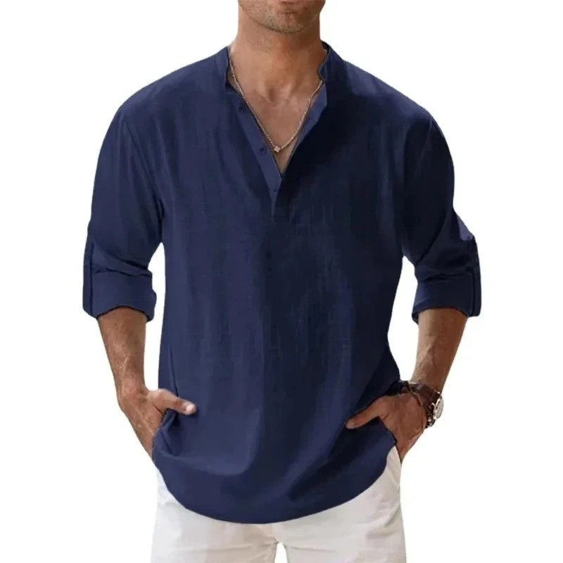 Men's Cotton Linen Henley Long Sleeve Shirt Casual Beach T-shirt Tee Summer Gift gallery