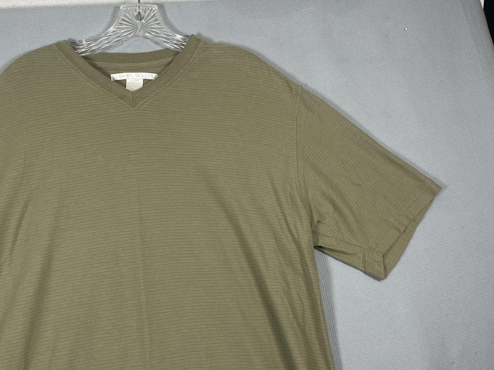 VTG Perry Ellis Shirt Mens XL Green Striped V-Neck Cotton Rayon T-Shirt Tee Y2K gallery