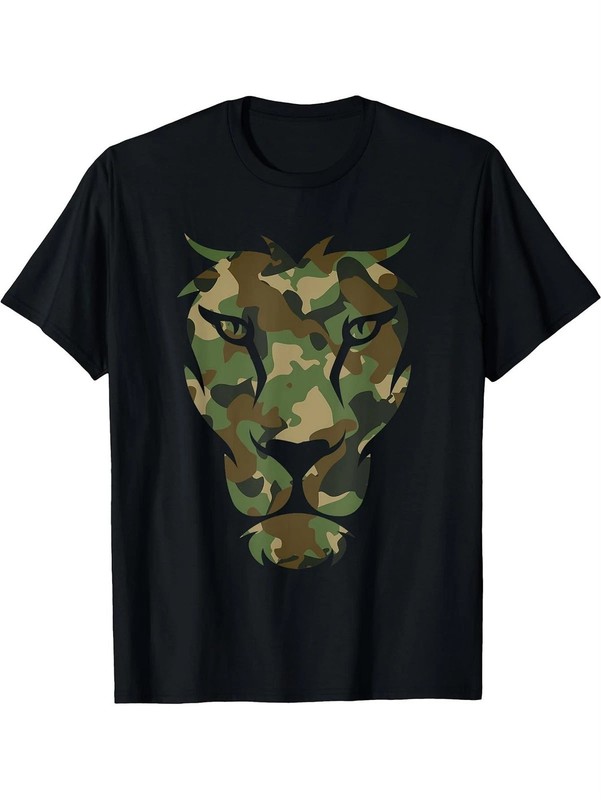 Camo Lion Head Graphic T-Shirt Military Camouflage Animal Print Tee