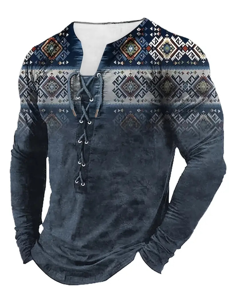 Ethnic Gradient Pattern Stylish Long Sleeve Henley Tee String Clothing Blue New