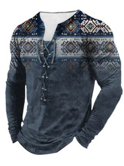 Ethnic Gradient Pattern Stylish Long Sleeve Henley Tee String Clothing Blue New