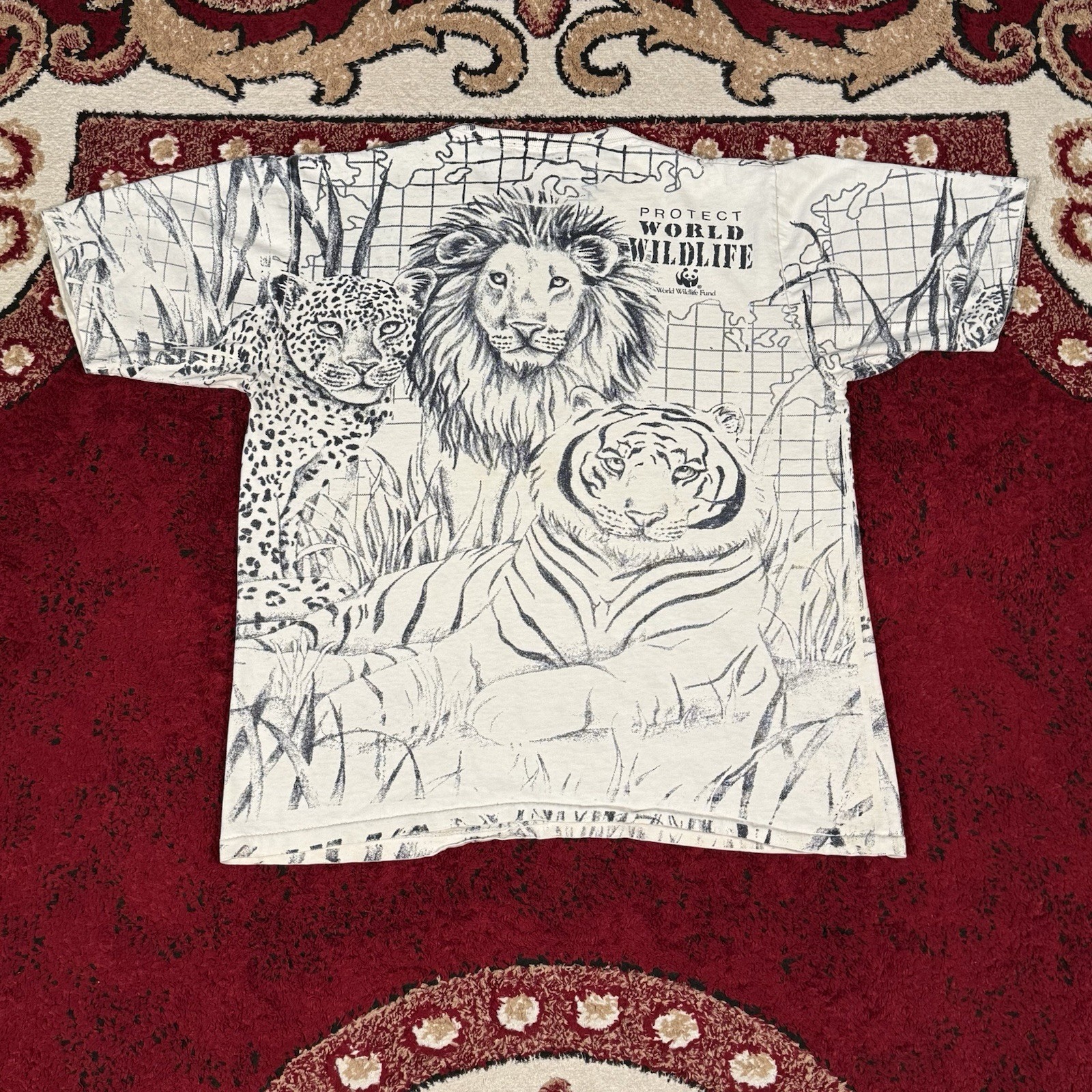 Vintage 80s-90s Artex Protect Wildlife Lion Tiger AOP T Shirt Size M Made In USA gallery