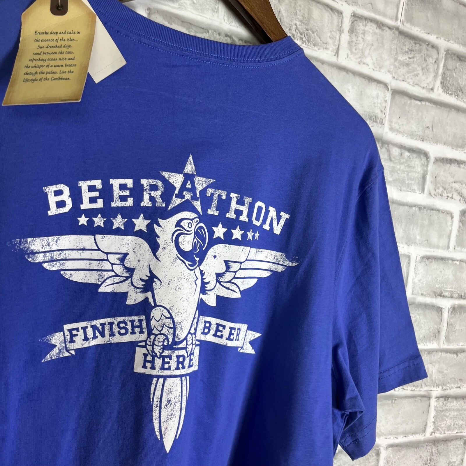 Caribbean Beer a Thon Finish Beer Here Parrot Crew T-Shirt Size Large Periwinkle gallery