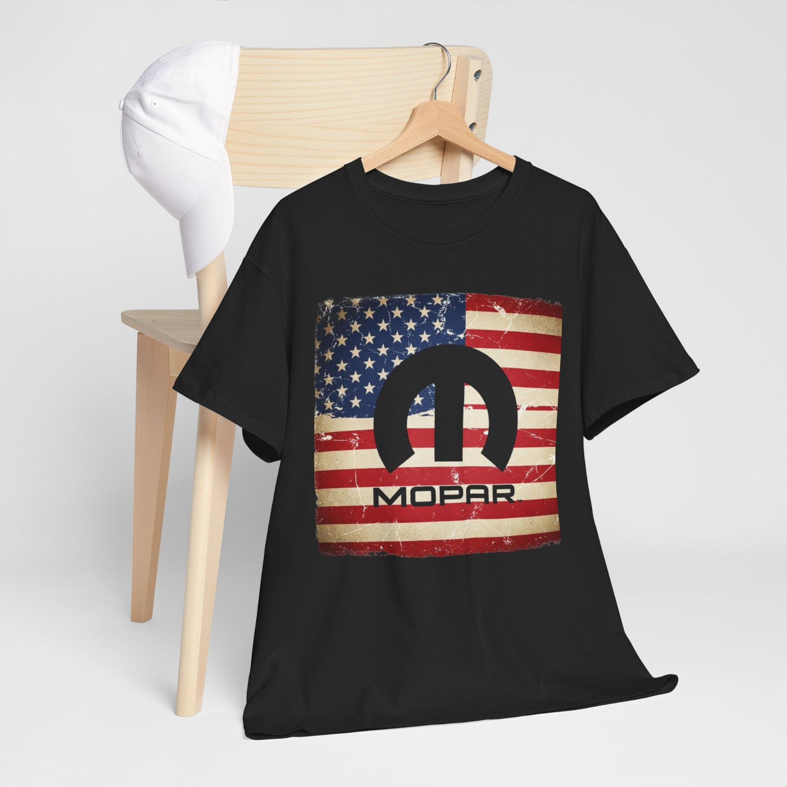 Mopar M Emblem & Script With American Flag Background T-Shirt gallery