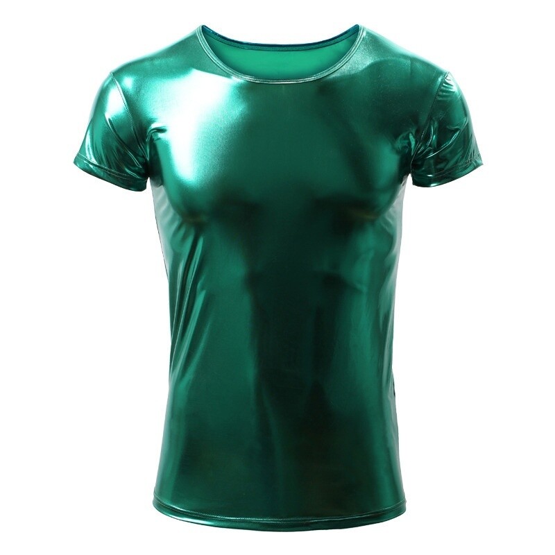 Men's Faux Leather T-Shirt Tops Shiny Metallic Wet Look Fitted Stage Club Wear gallery