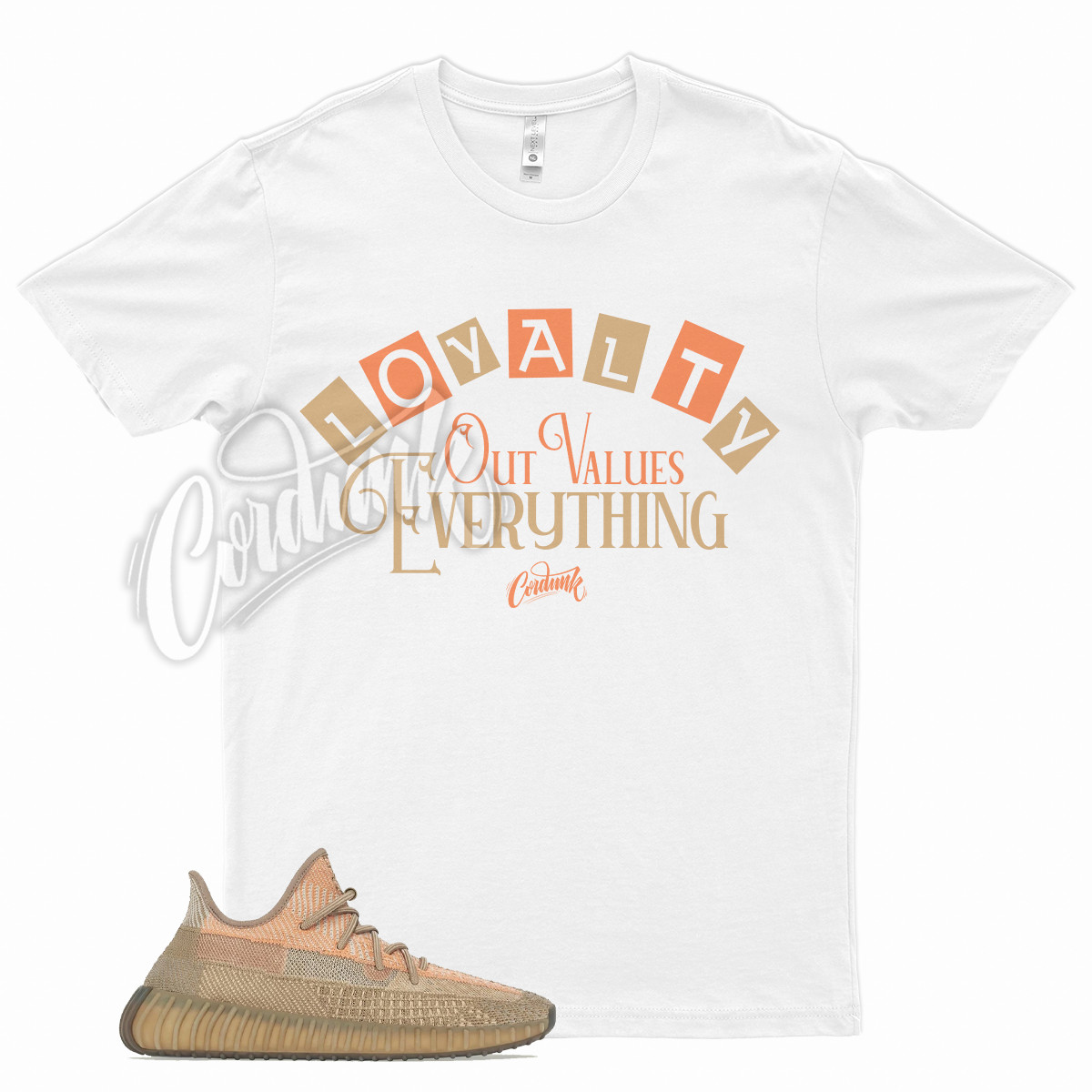 White LOYALTY T Shirt for YZ 350 V2 Sand Taupe Desert Sand Ore Air Max 90