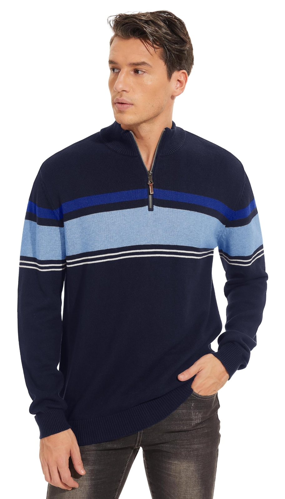 Mens Long Sleeve Sweater 1/4 Zip Winter Warm Casual Fleece Pullover Striped Polo gallery