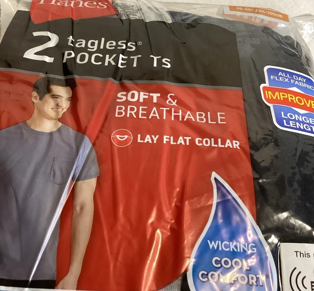 2 Hanes Pocket T-Shirts Men's Size Medium 38-40" Short Sleeve Black & Gray NEW gallery