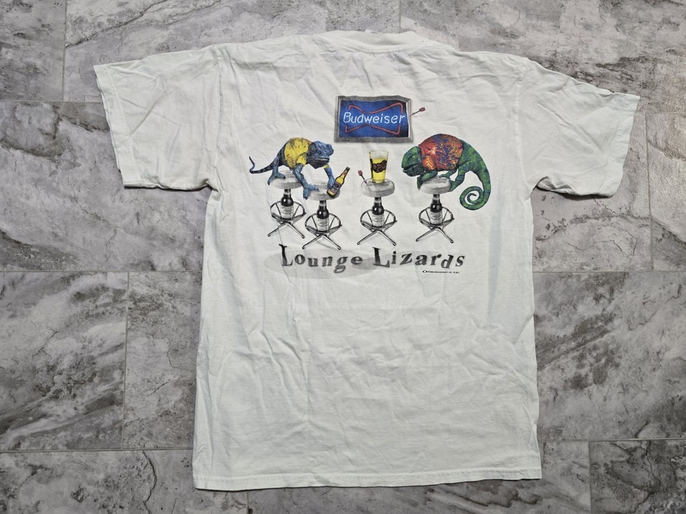 Vintage 2000 Budweiser Lounge Lizards T-Shirt Mens Sz M White Beer Y2K Promo
