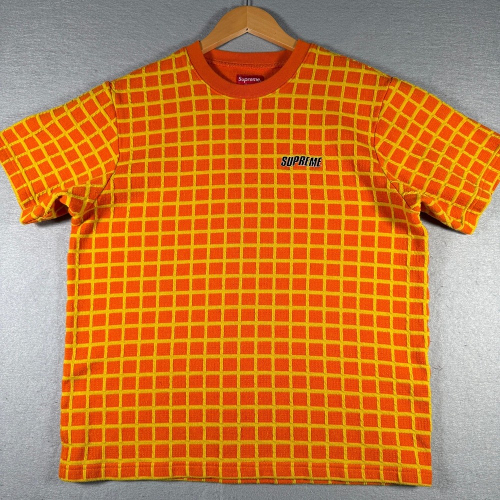 Supreme Grid Taped Top Orange Yellow Waffle Knit Logo T-Shirt Mens Large