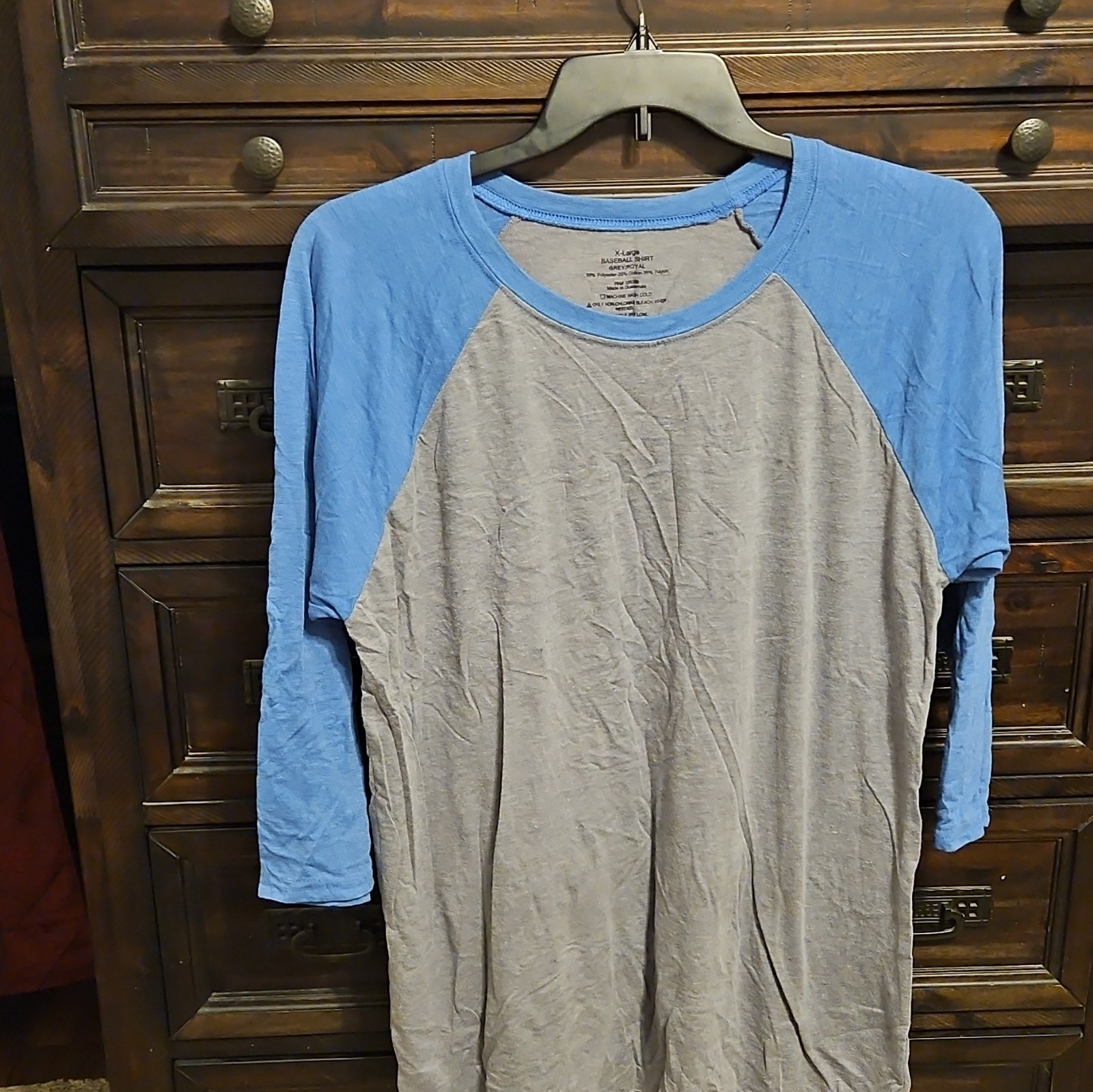 Men’s XL Gray Blue Colorblock Cotton Blend 3/4 Sleeve Baseball T-Shirt