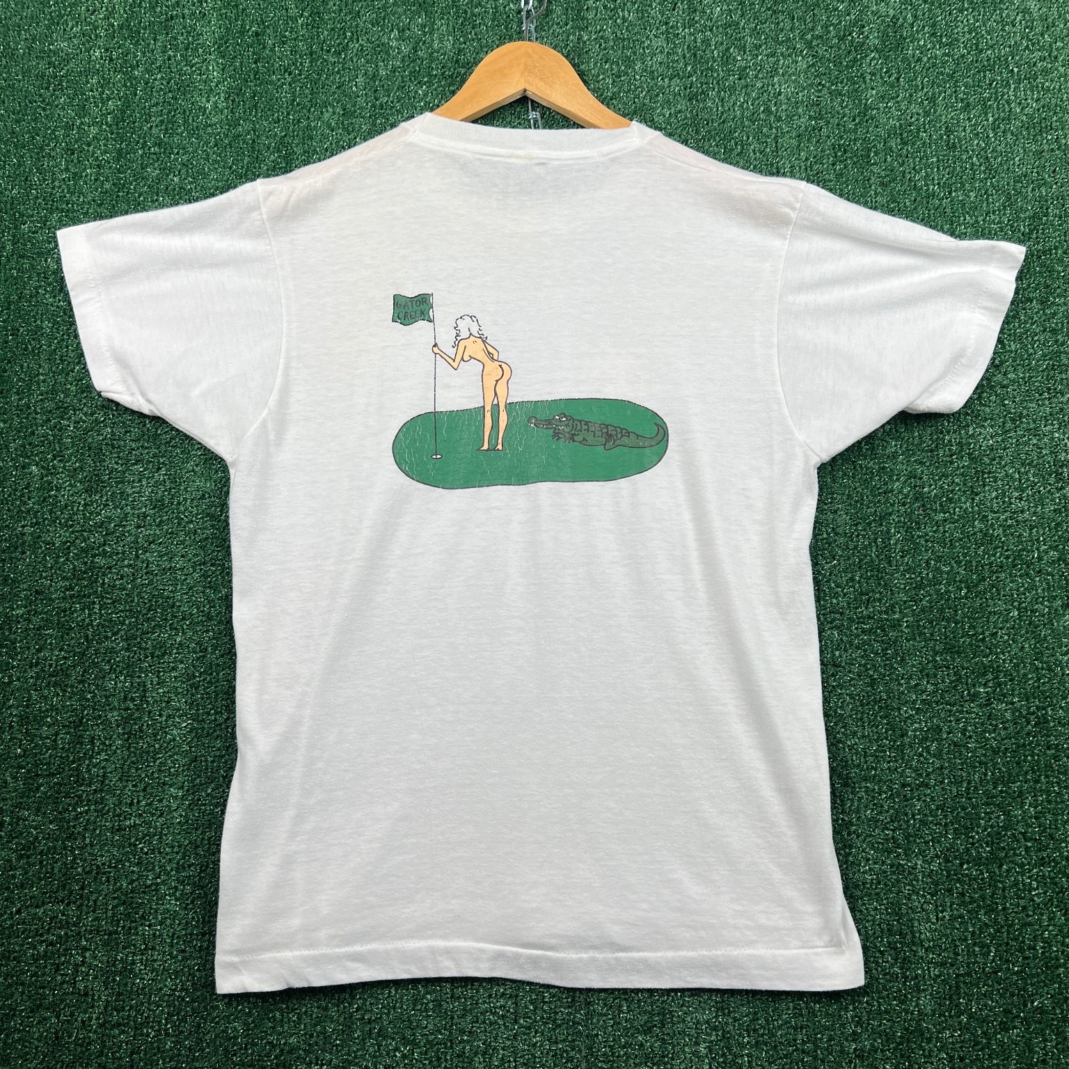VTG Gator Creek Nude Lady Alligator Golf T Shirt Men’s M White Paper Thin 70s gallery