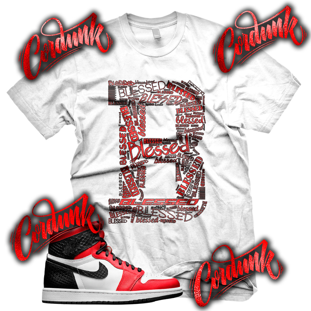 New White B BLESSED Sneaker T Shirt for J1 1 OG Satin Snake Black Red gallery