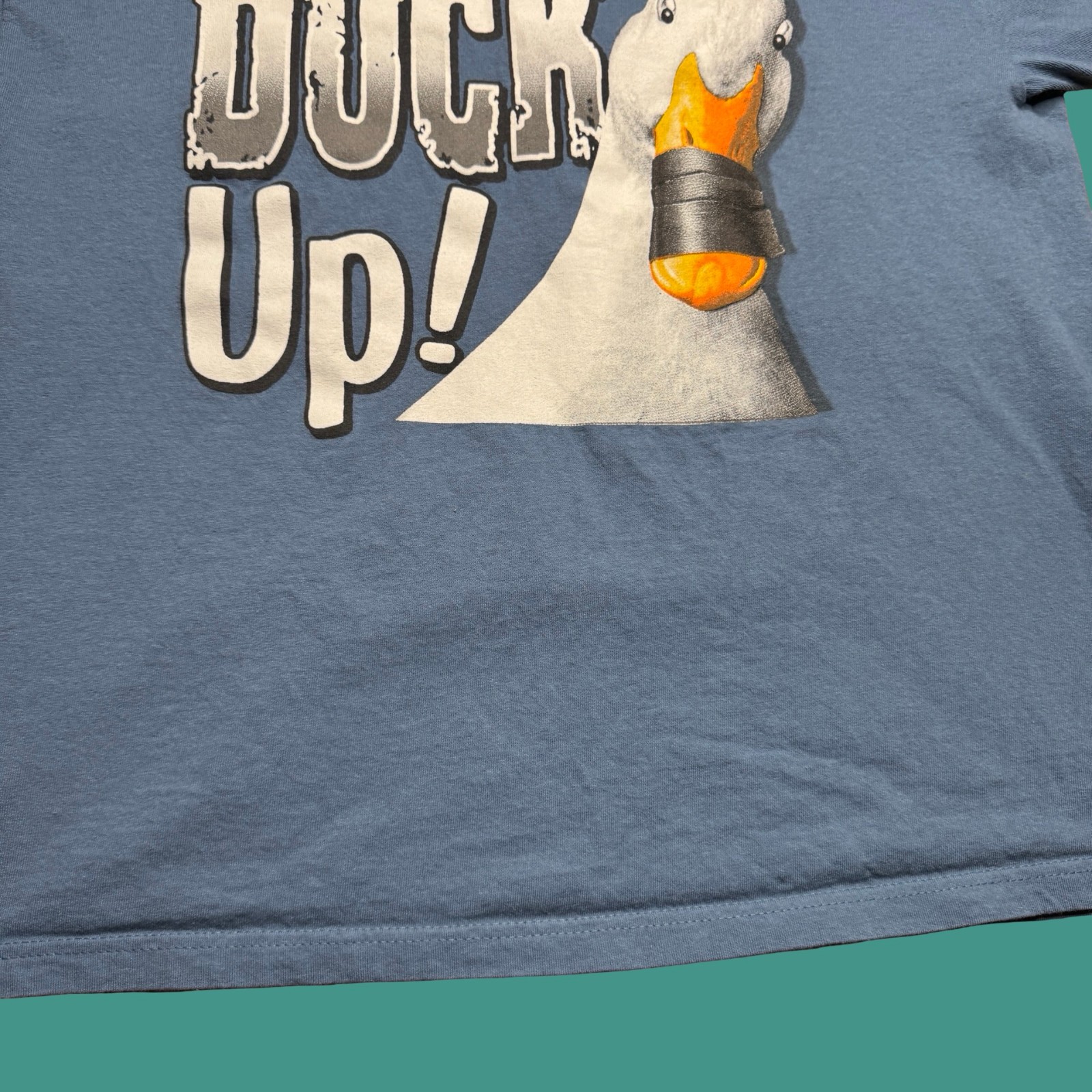 Shut The Duck Up T Shirt Large Blue White Duct Tape Novelty Graphic Y2K Humor gallery