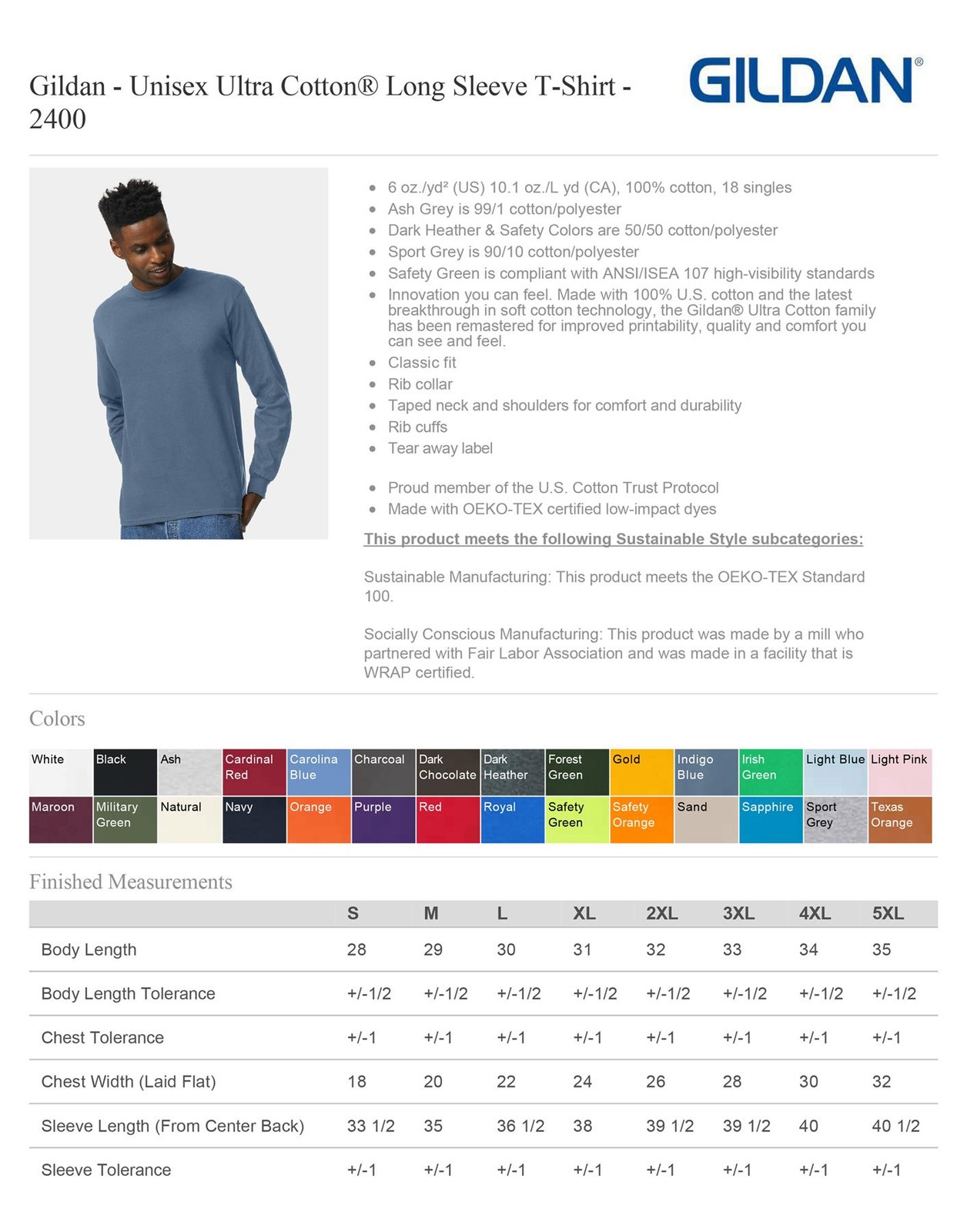 Gildan Men's Long Sleeve Ultra Cotton T-Shirt Sizes S-5XL 2400 gallery