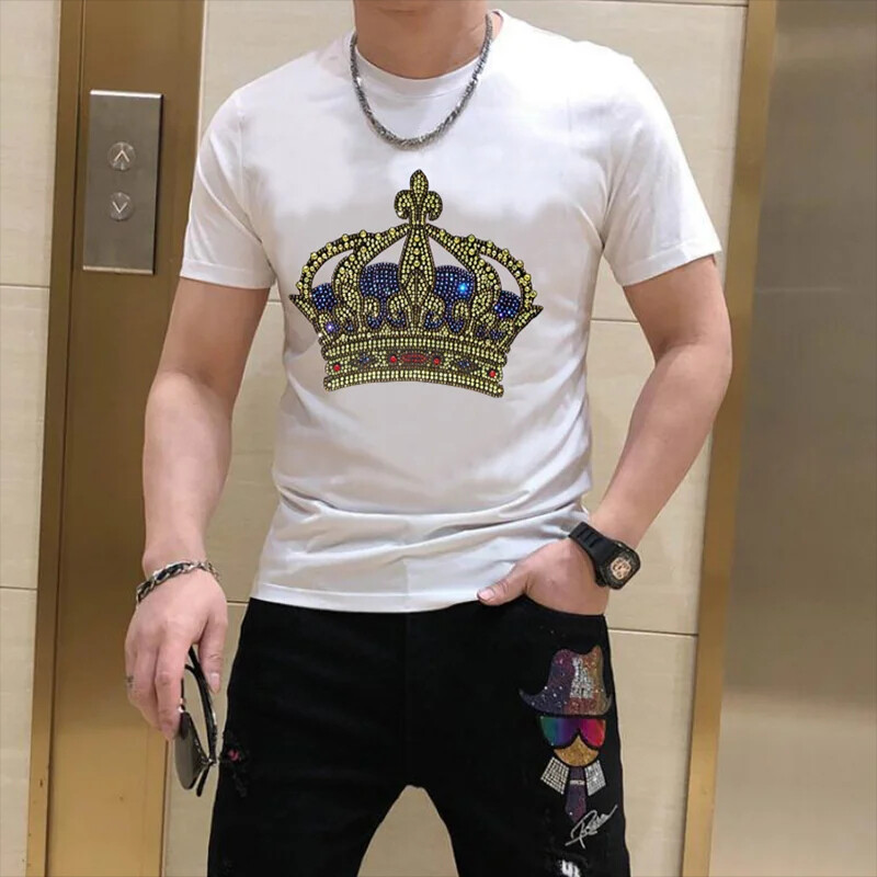 New Men Luxury Rhinestones Fashion Diamond Black White T-Shirt High Quality