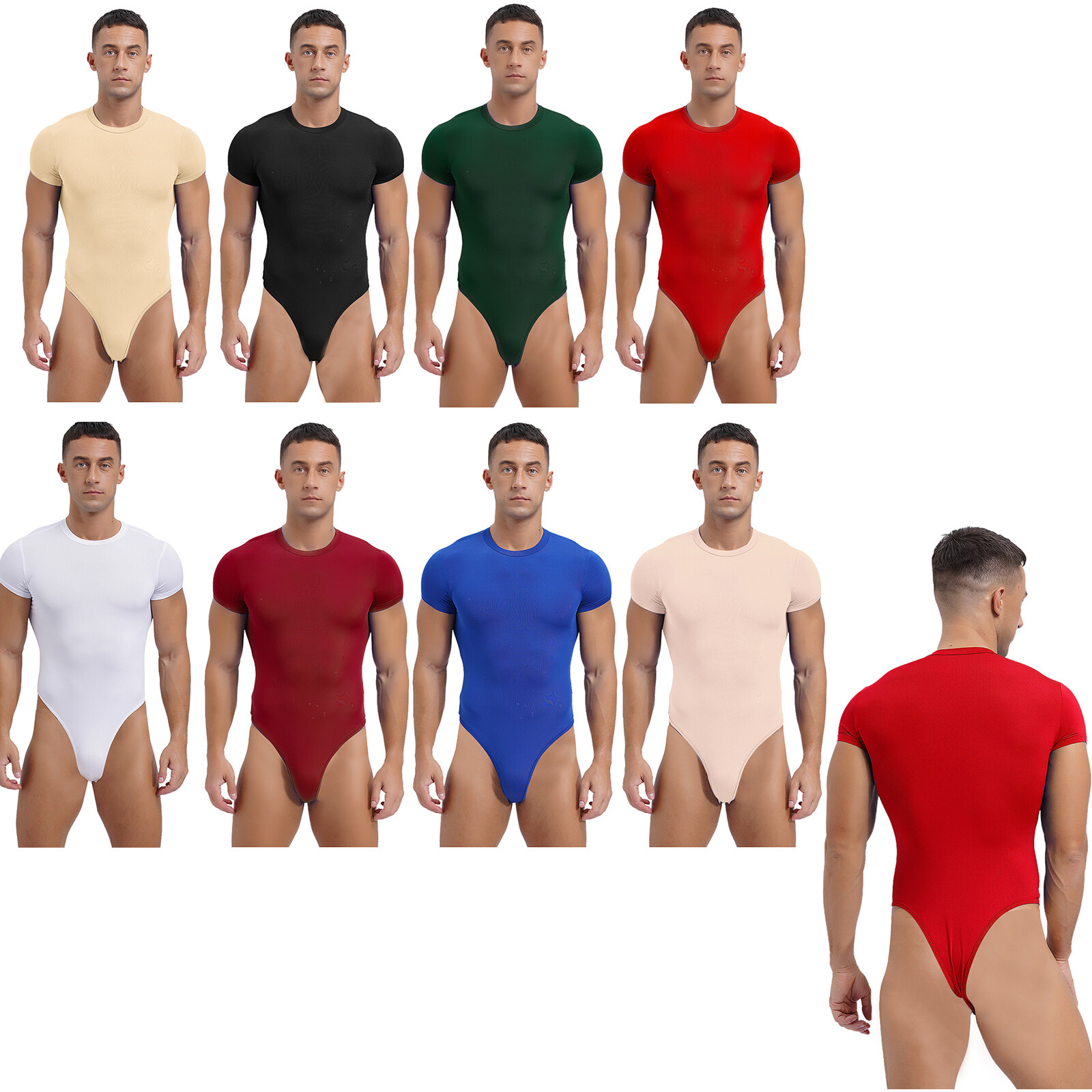 Mens Short Sleeve Bodysuits Athletic High Waist Jumpsuit Stretchy Button Bodycon gallery