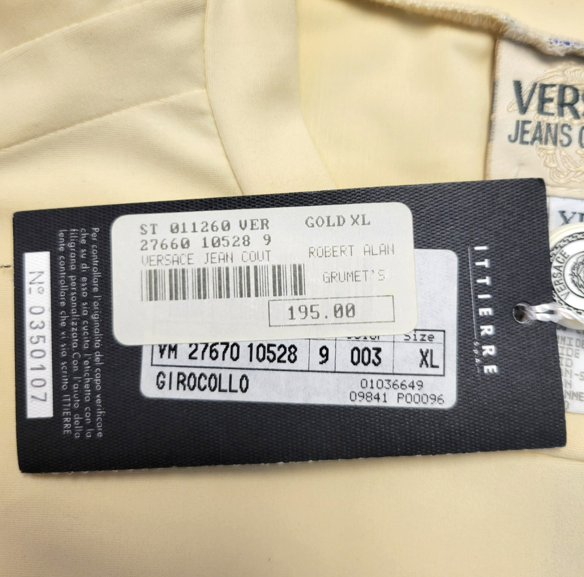 $195 New VERSACE JEANS COUTURE Nylon Blend Crew Neck T-Shirt Men XL Cream Blue gallery