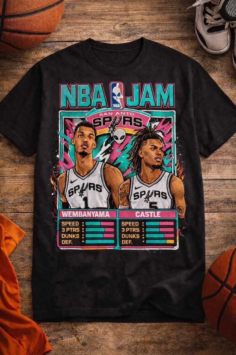 NBA Jam Spurs Retro Roster T-Shirt | Wembanyama Castle Arcade Poster Tee gallery