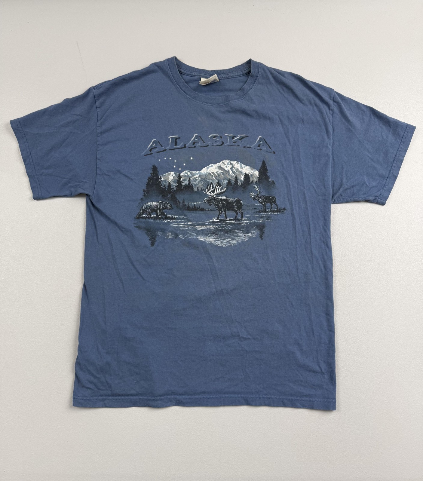 Hanes Shirt Mens Large Blue Alaska Wildlife Moose Graphic Tee Heavyweight gallery