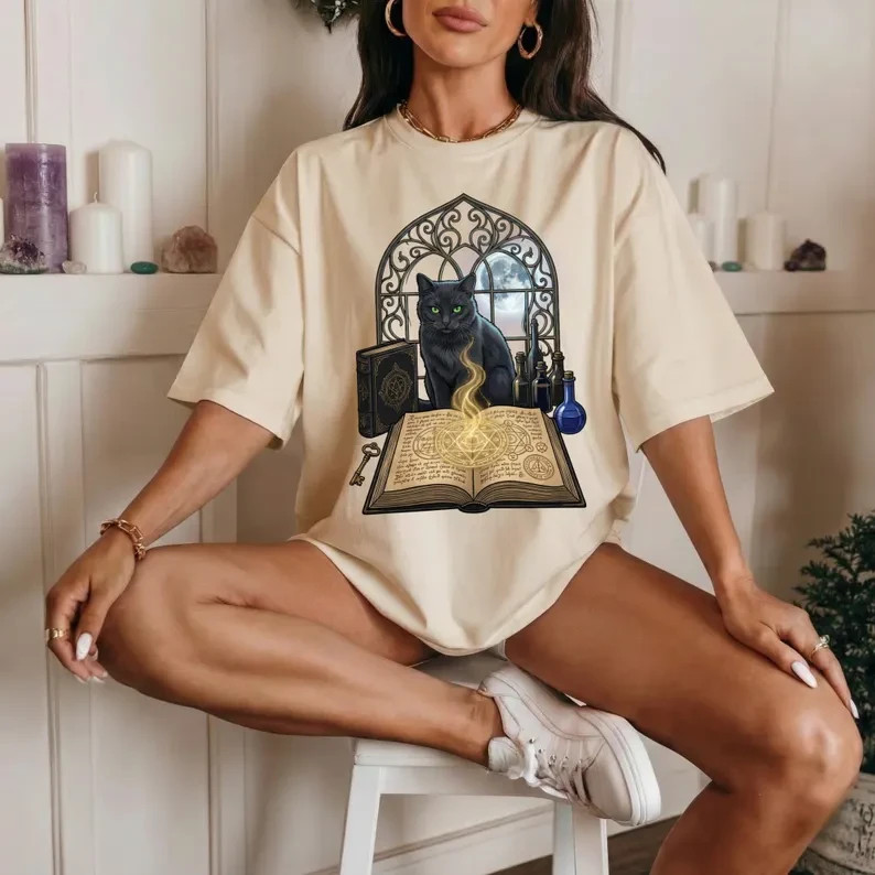 Witchy Black Cat Spell Book Tee, Gothic Moon Cat Magic Shirt gallery