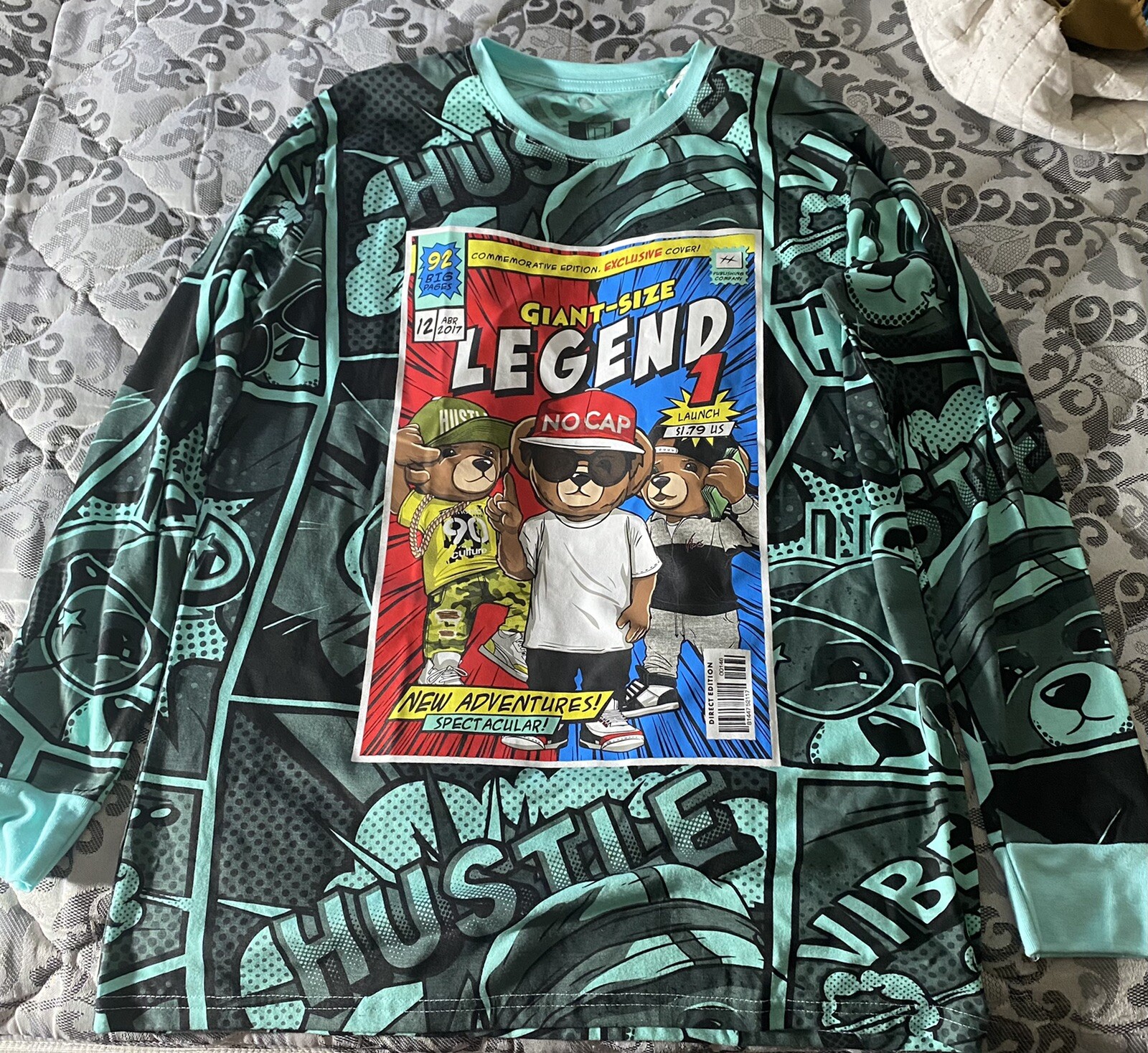 Hustle Giant Size Graphic Legend Long Sleeve T-Shirt Size S- Light Green
