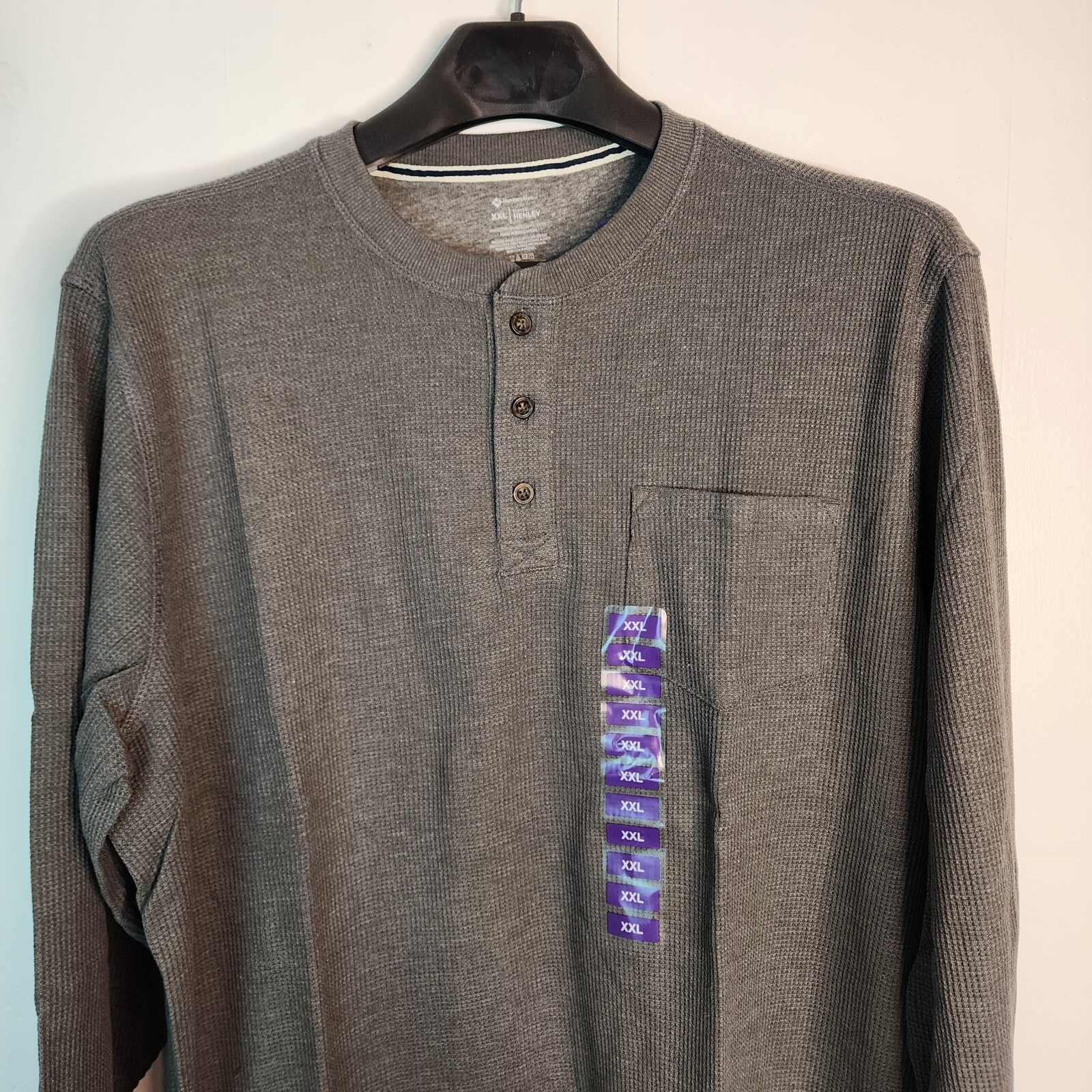 Members Mark Mens XXL Thermal Henley Shirt Charcoal Grey Waffle Knit New
