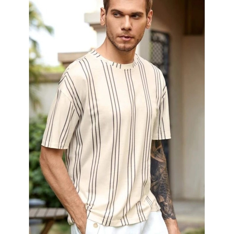 NEW SHEIN Men 1pc Vertical Striped Drop Shoulder Tee Size L gallery