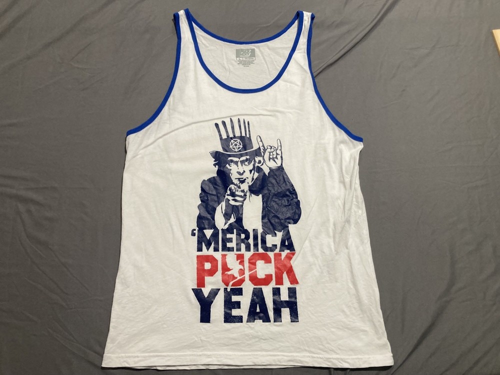 Puck Hcky Men’s White Uncle Sam Tank Top Merica Size Large